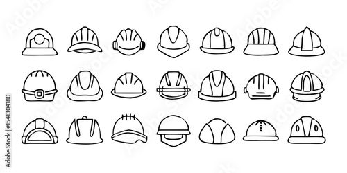 Safety Helmets & Hard Hats – Linear Icon Set (30 Outline Icons, Editable Stroke, Vector Illustration)