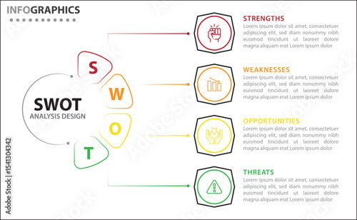 Clean and modern SWOT analysis infographic template. Editable design for presentations, business reports, or strategy plans. Highlights Strengths, Weaknesses, Opportunities, and Threats clearly.