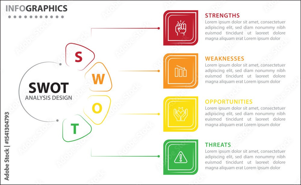 Naklejka premium Clean and modern SWOT analysis infographic template. Editable design for presentations, business reports, or strategy plans. Highlights Strengths, Weaknesses, Opportunities, and Threats clearly.