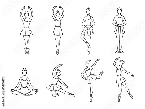 Elegant ballerina line art set featuring classical ballet poses. Hand drawn ballerina outline vector. Line drawing of Ballerinas. Ballet dancer line art. Set of dance ballet line art illustrations