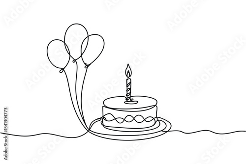 Single line drawing birthday cake with balloons