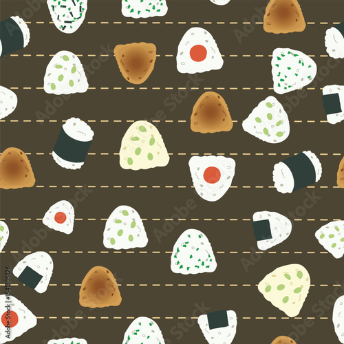 Seamless Japanese Food Pattern Featuring Cute Onigiri ,rice balls in a kawaii style for Packaging and Textile Design.