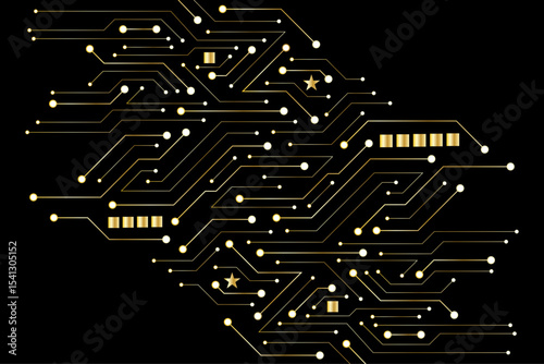 A golden background with golden circuit board lines, golden dots and yellow chips