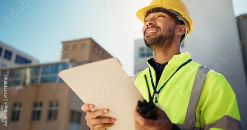 Slika na platnu Happy man, contractor and city with folder for construction, building or industrial project design