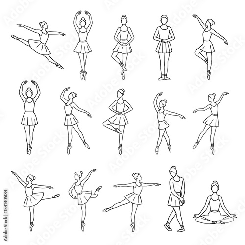 Elegant ballerina line art set featuring classical ballet poses. Hand drawn ballerina outline vector. Line drawing of Ballerinas. Ballet dancer line art. Set of dance ballet line art illustrations