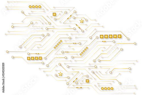 A golden background with golden circuit board lines, golden dots and yellow chips