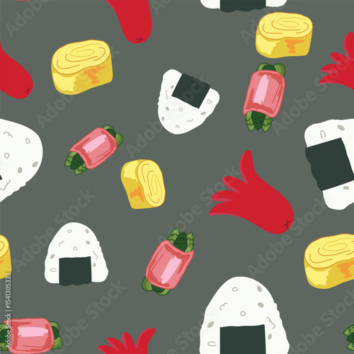 Seamless Japanese Food Pattern Featuring Cute Onigiri ,rice balls in a kawaii style for Packaging and Textile Design.