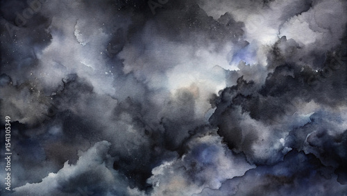 Abstract Watercolor Painting of Dark Storm Clouds, Moody Atmosphere, Sky Art