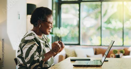 Obraz na płótnie Finance, black woman and success with laptop in home for loan approval, debt free and savings