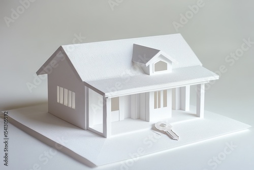 White Paper House Model with Key on Gray Background for Real Estate