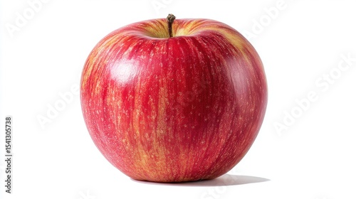 A single red apple with a glossy surface and natural striations, set against a plain white background.
