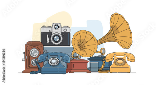 Vintage Communication and Technology Devices From Different Eras Depicted in Pixelated Style