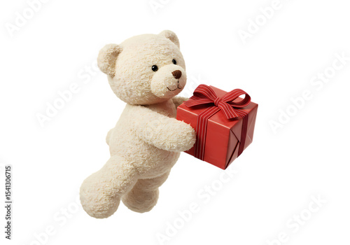 A CreamColored Teddy Bear Presenting a Red Gift Box isolated on transparent baackground