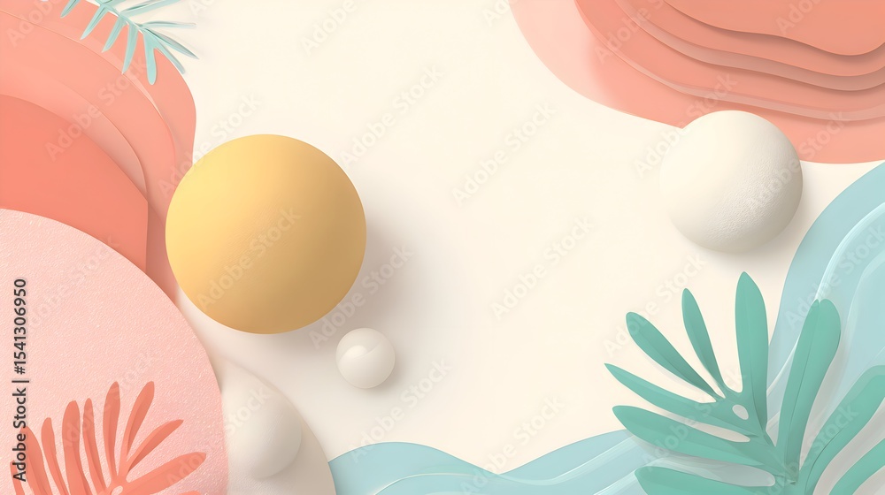 Fototapeta premium Minimalist 3D Summer-Themed Abstract Background with Pastel Colors, Spheres, Palm Leaves and Soft Waves – Ideal for Modern Presentation or Branding Design.