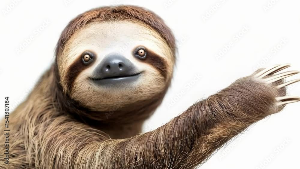 A friendly sloth with a smiling face and outstretched arm, showcasing its long claws and fluffy fur.