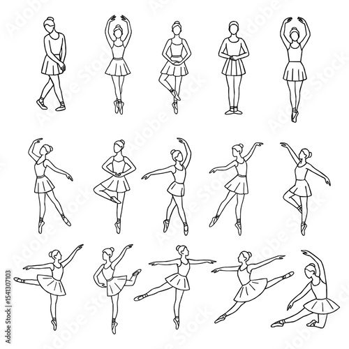 Elegant ballerina line art set featuring classical ballet poses. Hand drawn ballerina outline vector. Line drawing of Ballerinas. Ballet dancer line art. Set of dance ballet line art illustrations