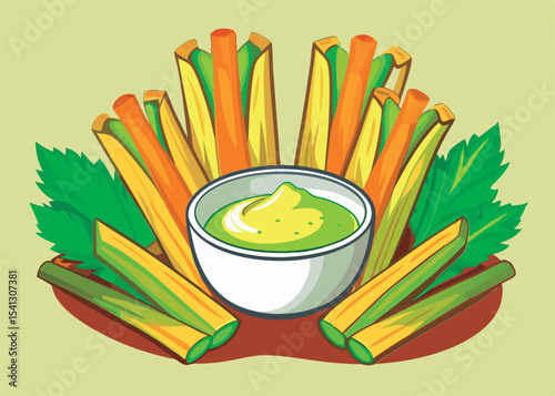 Colorful vegetable sticks with dip.
