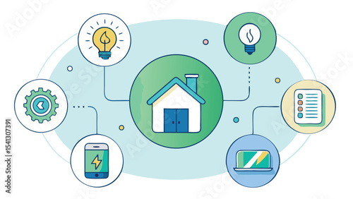 Illustration of a house surrounded by icons representing technology and smart home features displayed