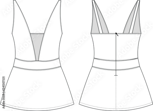 sleeveless strappy strapped plunging plunge neck zippered backless a line short mini dress template technical drawing flat sketch cad mockup fashion woman design style model 
