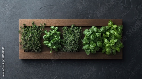 Fresh herbs in a wooden tray