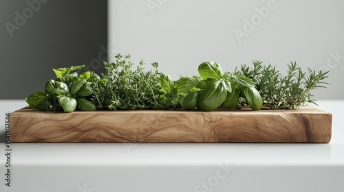 Fresh herbs on wooden board