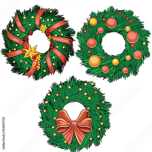 Three vibrant Christmas wreaths, detailed with green pine boughs, cheerful orange and red ornaments, and elegant coral-colored ribbons, creating a joyful and festive holiday mood.
