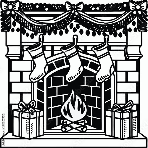 A black and white illustration of a classic Christmas fireplace scene.