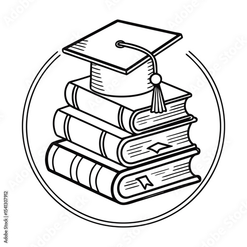 A graduation cap sits atop a stack of books, symbolizing knowledge and the culmination of an education journey