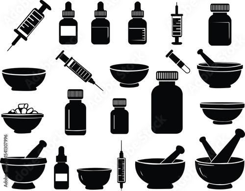 silhouettesilhouette icons of pill bottle, capsule, syringe, dropper, mortar and pestle icons of pill bottle, capsule, syringe, dropper, mortar and pestle