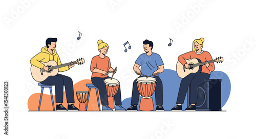 Musical Band Performing Live with Acoustic Guitars and Percussion Instruments for Audience