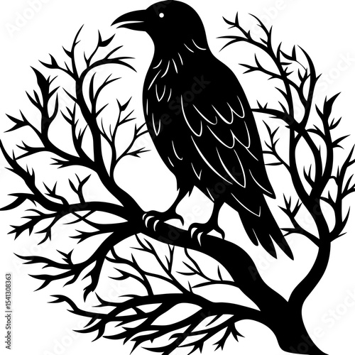 Raven perched on tree silhouette