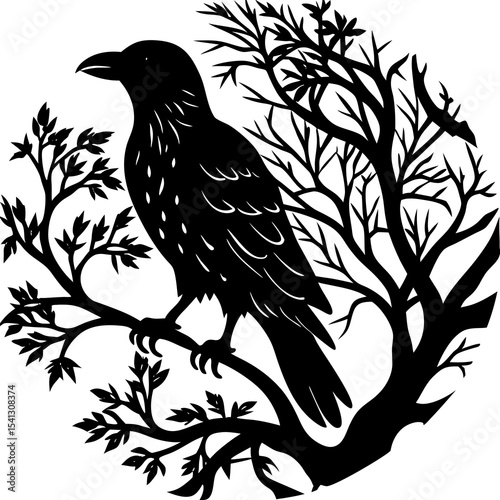 Raven perched on tree silhouette