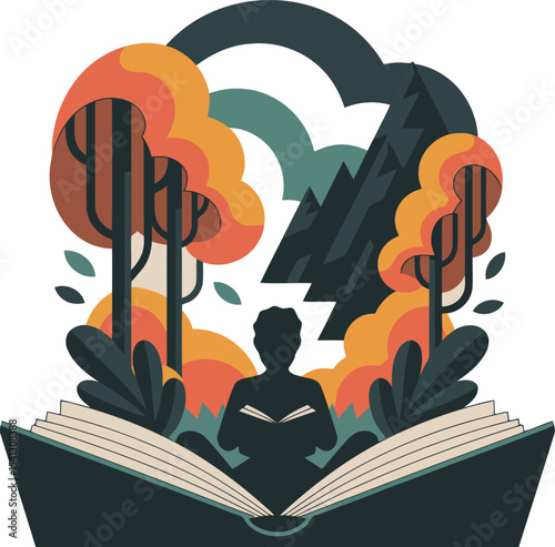 A silhouette of a person is depicted reading a book, integrated within a stylized landscape of trees and mountains. 
