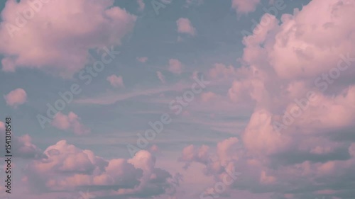 Cloudy pastel sky. Fluffy clouds moving on green, blue sky with clouds and sun. 4K Time lapse, Sky with clouds. Beautiful background
