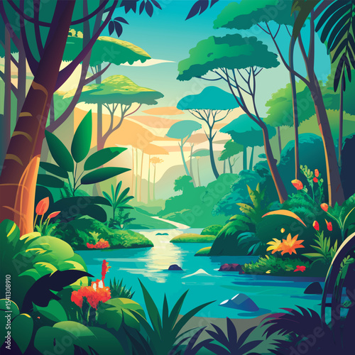 Vibrant jungle river scene at dawn.
