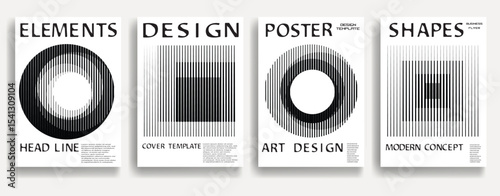 Modern posters . Vector design composition with various geometric shapes . Abstract contemporary art . Vector art ideal for media, ads, covers, brochures, banners. Black and white.
