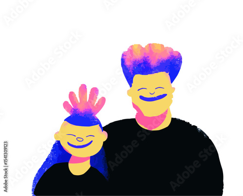 Web icon: father and son with mohawk, they are happy, colored, primitive style. Dopamine colors. Father and son with mohawk icons, they are happy, colored, primitive style for web 