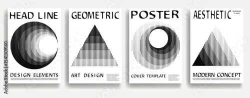 Modern posters . Vector design composition with various geometric shapes . Abstract contemporary art . Vector art ideal for media, ads, covers, brochures, banners. Black and white.
