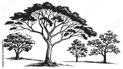 Vector art of silhouetted trees stand isolated on transparent background, their stark branches reaching towards a bright sky