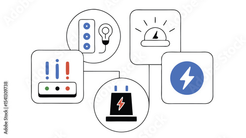 Illustration showing various energy and power related icons including light bulb and lightning bolt symbol