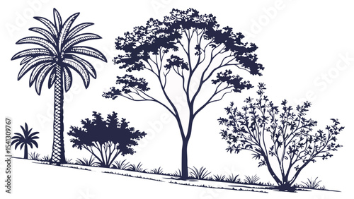 Vector art of silhouetted palm and other trees isolated on transparent background, a dark navy landscape on a white backdrop