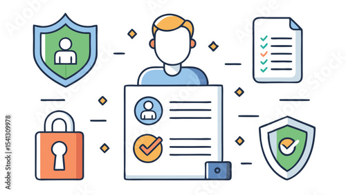 Illustration showing data protection with a shield padlock and a checklist for verification process