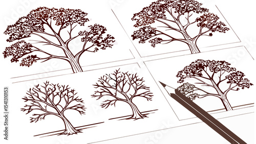 Vector art of a sequence of stylized brown tree sketches, isolated on transparent background, progressing from full foliage to bare branches