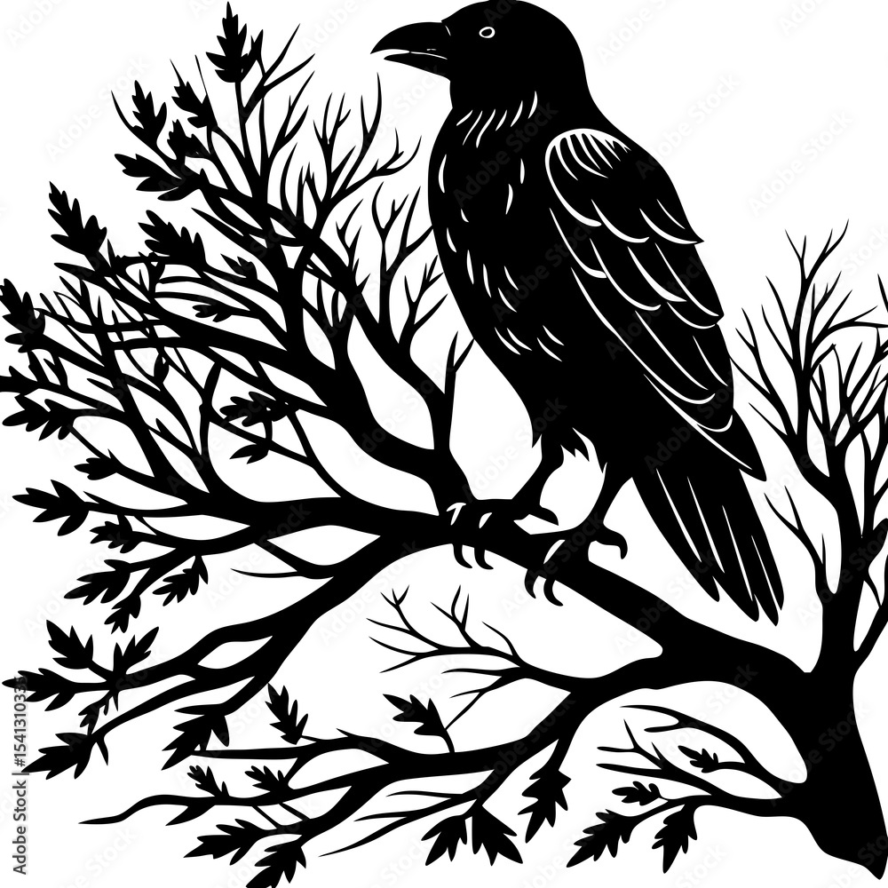 Fototapeta premium Raven perched on tree silhouette