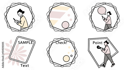 Vector art of a collection of pastelcolored vector graphics, isolated on transparent background, featuring stylized figures using mobile devices and sample text frames