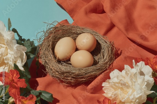 Holy Spirit Monday Easter Eggs in Nest with Spring Flowers and Vibrant Pop Art Colors for Seasonal Holiday and Mothers Day Promotions
