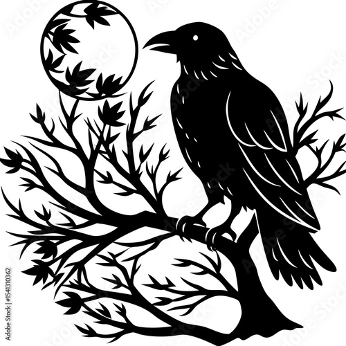 Raven perched on tree silhouette