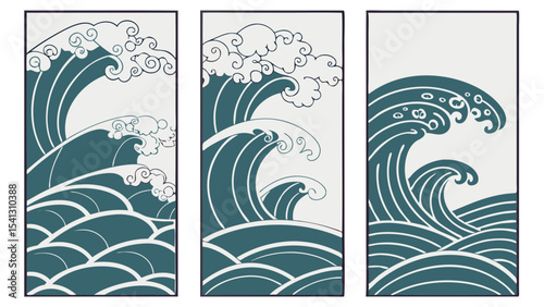 Vector art of three stylized teal waves, isolated on transparent background, depict a dynamic ocean scene in a traditional japanese art style