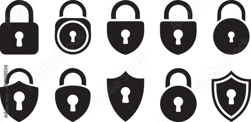 Padlock and shield icons silhouette set