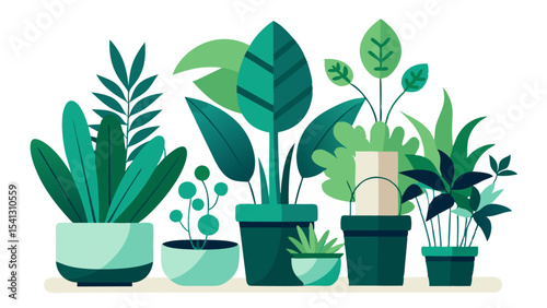 Vector art of a vibrant collection of potted plants, isolated on transparent background, showcasing various shades of green foliage in a lush arrangement